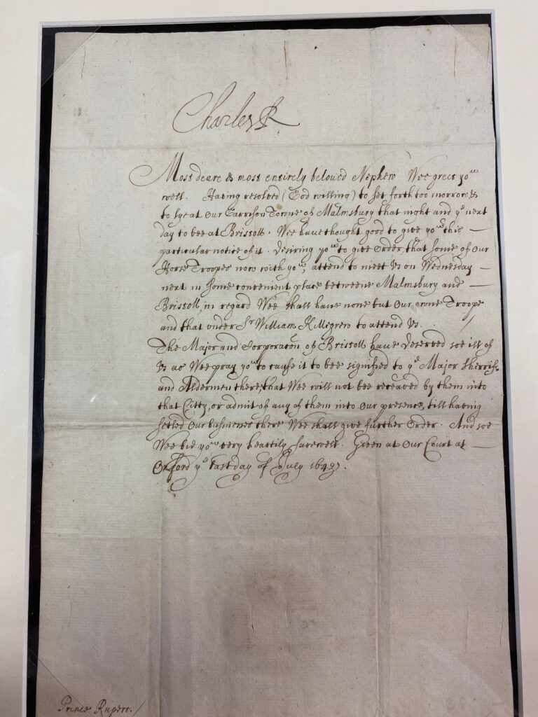 Letter from King Charles I, indicating his intention to call at Malmesbury.