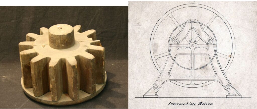 Picture of a wooden pattern for casting a gear cog, and a technical drawing of a machine.